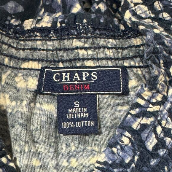 Chaps Denim Smocked Blue Batik Peasant Blouse Sz S Cotton - Picture 5 of 5